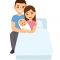 New mom in hospital bed hugging newborn baby with father. Cute cartoon vector illustration.