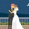 Wedding Day, Happy Just Married Couple, Romantic Bride and Groom Characters Embracing at Night Under the Stars Vector Illustration, Flat Style.